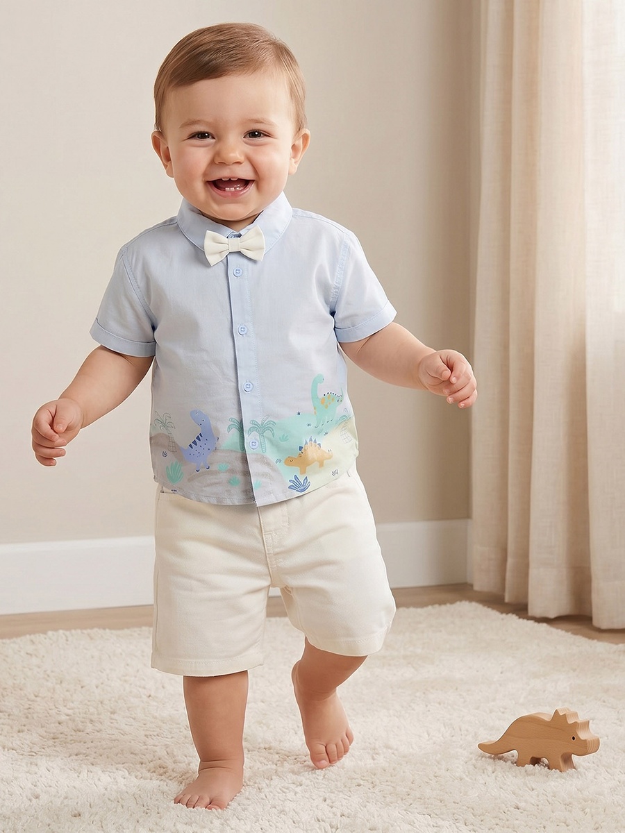 Juniors Collared Short Sleeves Shirt and Shorts Set with Dinosaur Print