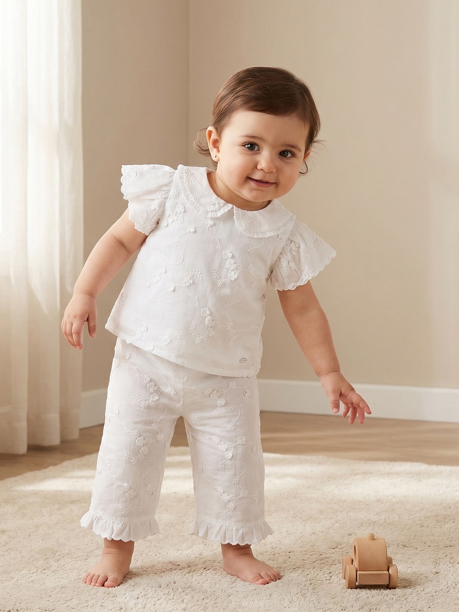 Giggles Round Neck Short Sleeves Top and Pants Set with Floral Embroidery