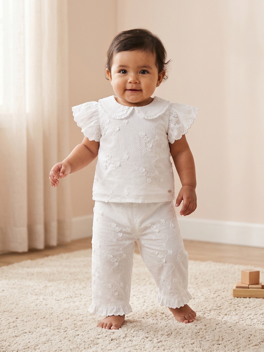 Giggles Round Neck Short Sleeves Top and Pants Set with Floral Embroidery