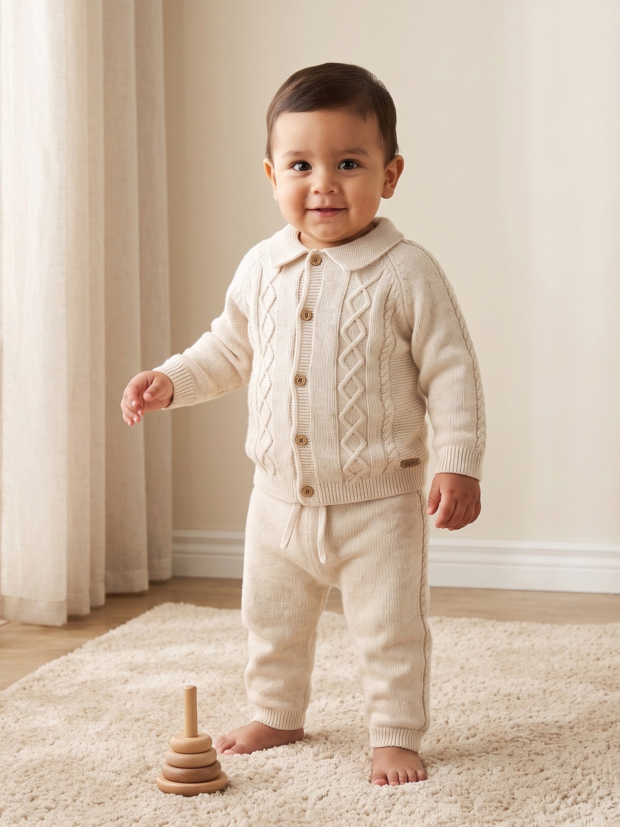 Giggles Collared Long Sleeves Cardigan and Jogger Set with Knitted Texture