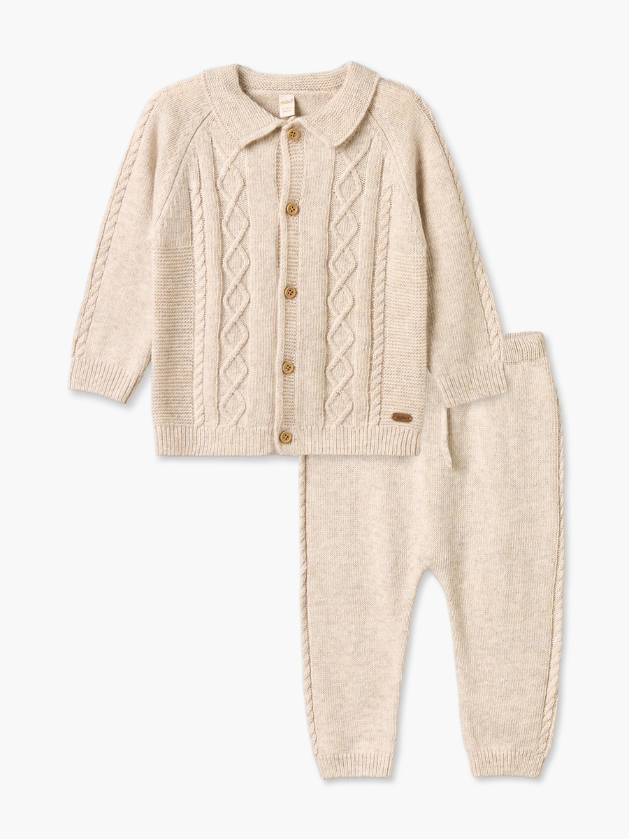 Giggles Collared Long Sleeves Cardigan and Jogger Set with Knitted Texture