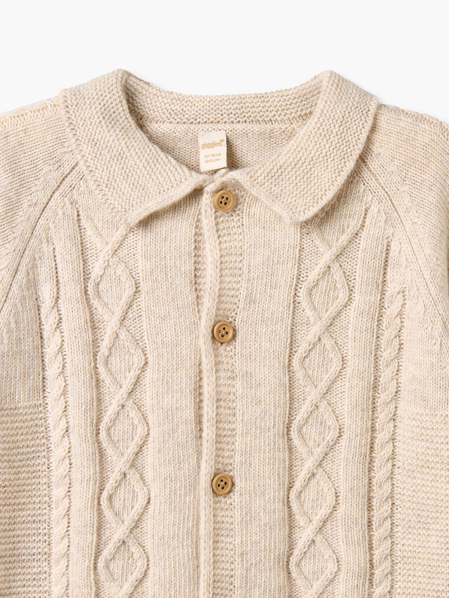 Giggles Collared Long Sleeves Cardigan and Jogger Set with Knitted Texture