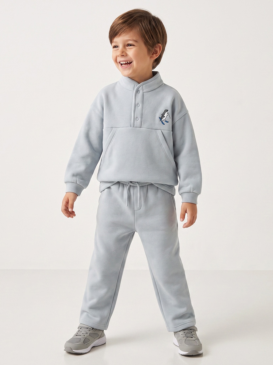 Juniors High Neck Long Sleeves Sweatshirt and Track Pants Set with Penguin Embroidery