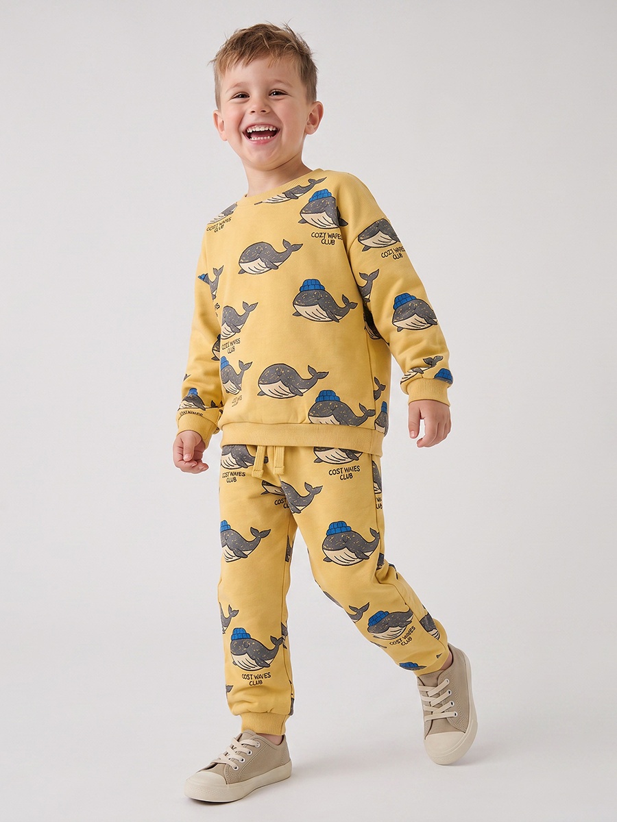 Juniors Crew Neck Long Sleeves Sweatshirt and Joggers Set with Whale Print