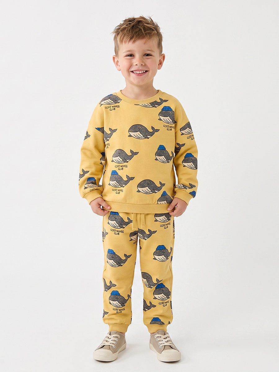 Juniors Crew Neck Long Sleeves Sweatshirt and Joggers Set with Whale Print
