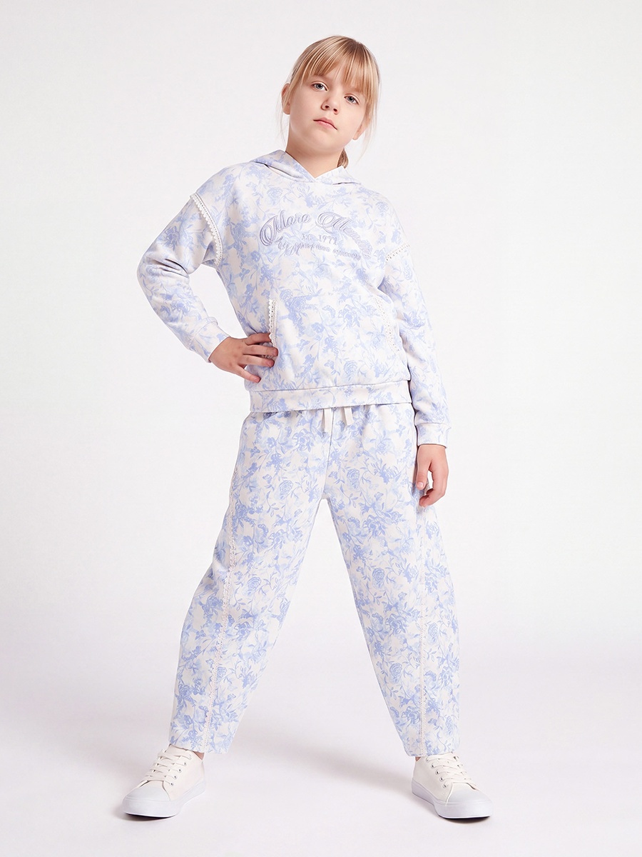 Juniors Hooded Long Sleeves Sweatshirt and Trousers Set with Floral Print