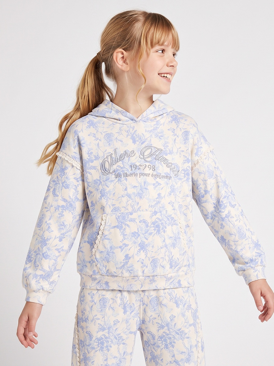 Juniors Hooded Long Sleeves Sweatshirt and Trousers Set with Floral Print