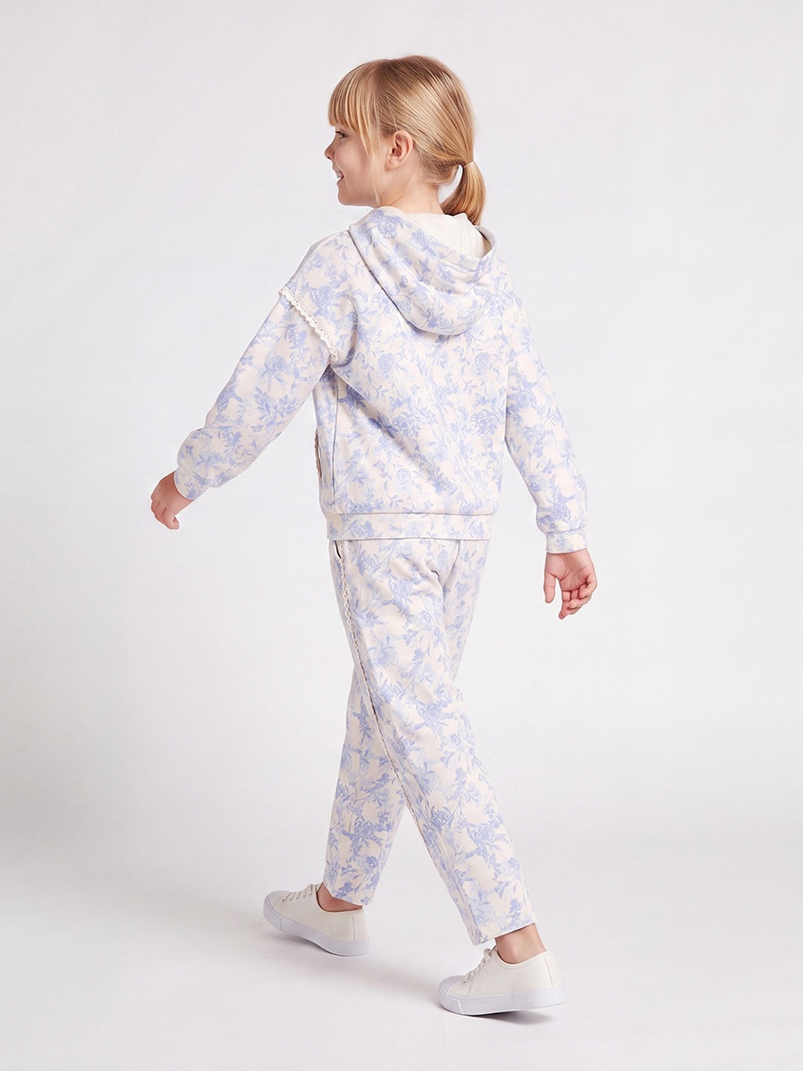 Juniors Hooded Long Sleeves Sweatshirt and Trousers Set with Floral Print