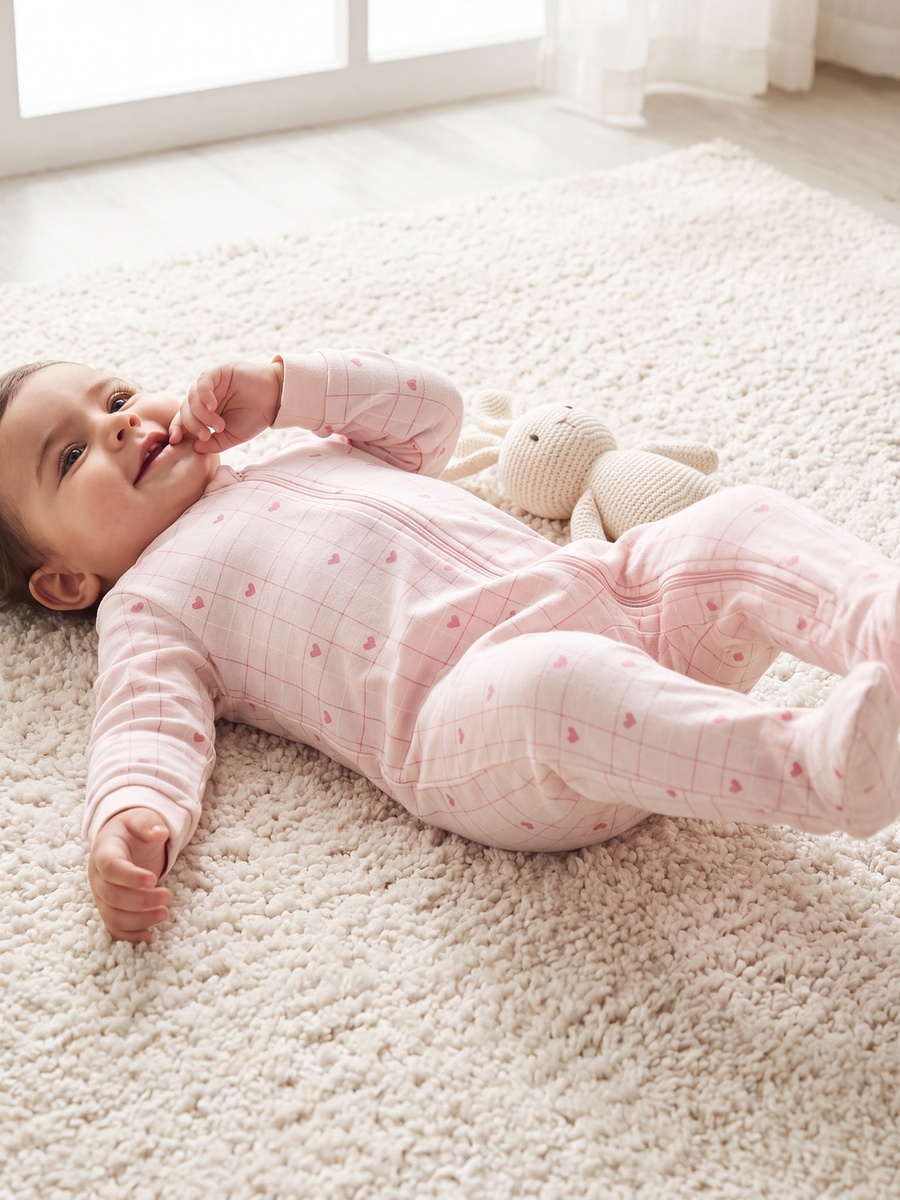 Juniors Cotton Crew Neck Long Sleeves Sleepsuit with Heart Print