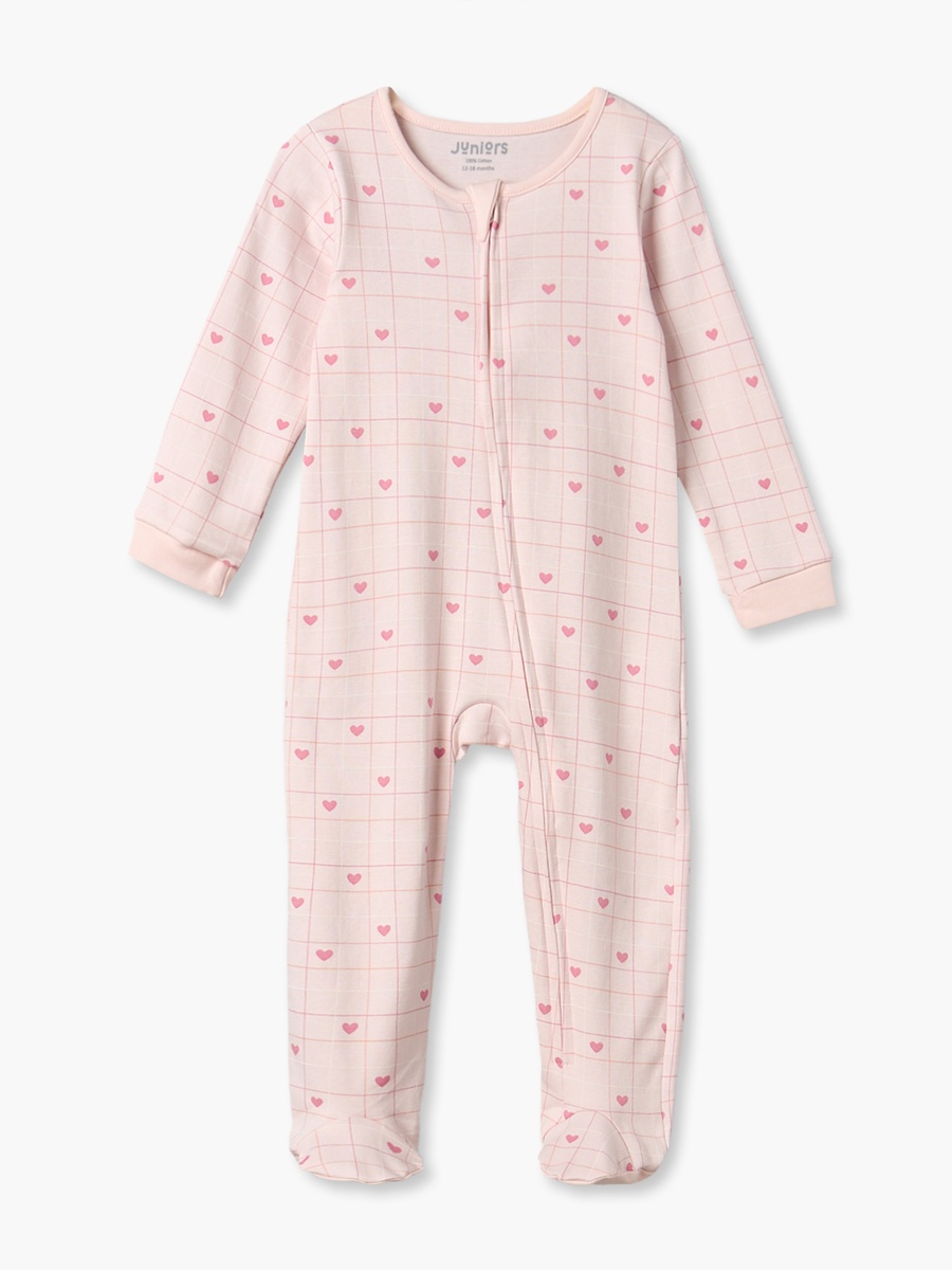 Juniors Cotton Crew Neck Long Sleeves Sleepsuit with Heart Print