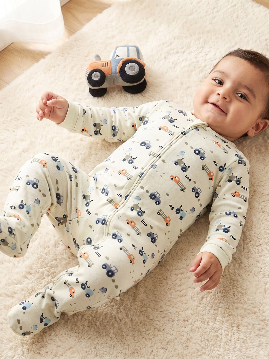 Juniors Round Neck Long Sleeves Sleepsuit with Construction Vehicle Print