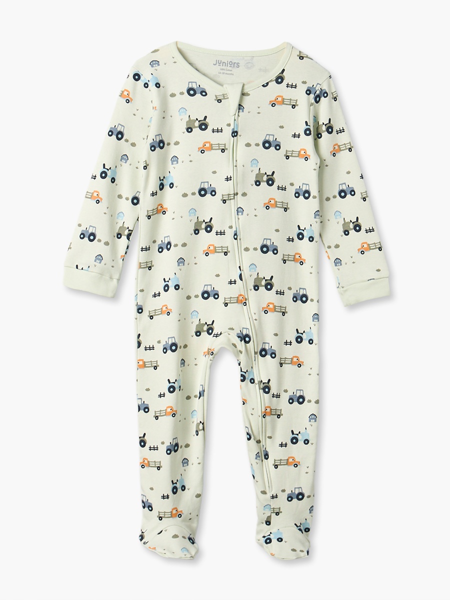 Juniors Round Neck Long Sleeves Sleepsuit with Construction Vehicle Print