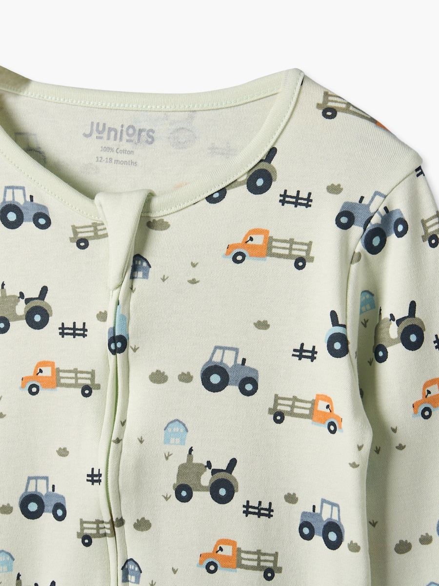 Juniors Round Neck Long Sleeves Sleepsuit with Construction Vehicle Print