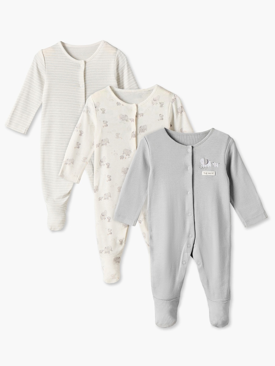 Pack of 3 Juniors Cotton Crew Neck Long Sleeves Sleepsuit with Elephant Print