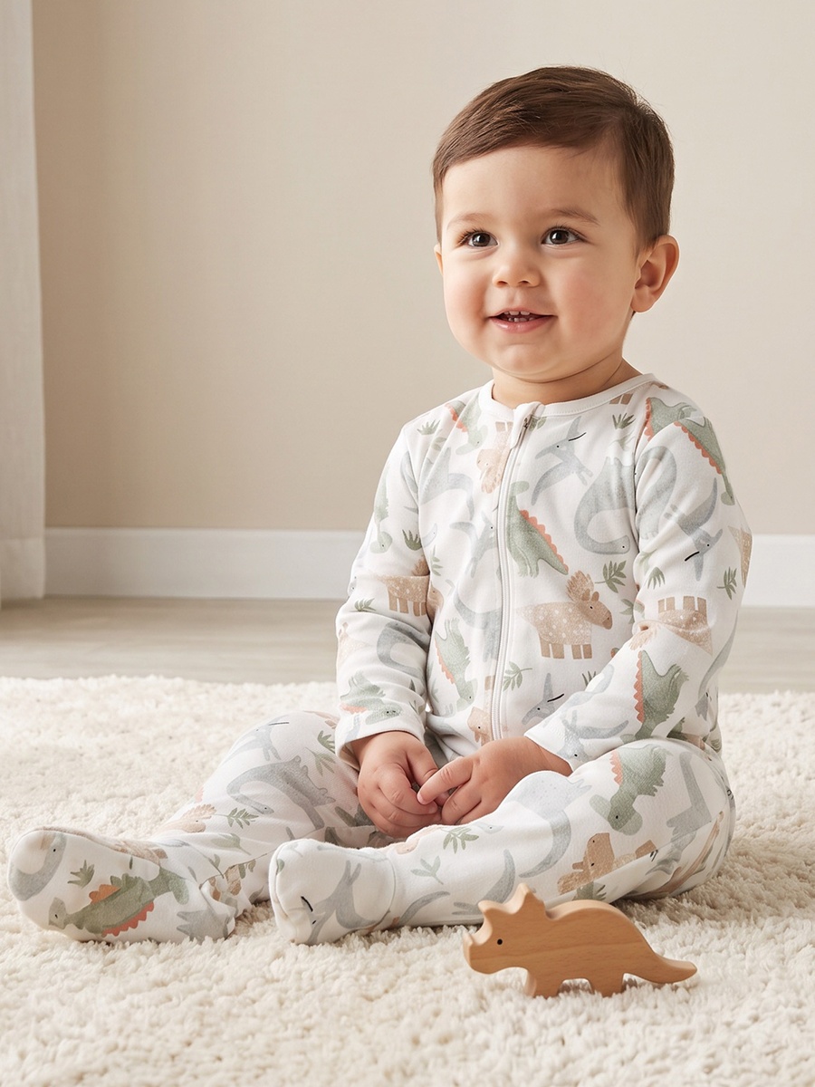 Juniors Cotton Crew Neck Long Sleeves Sleepsuit with Dinosaur Print