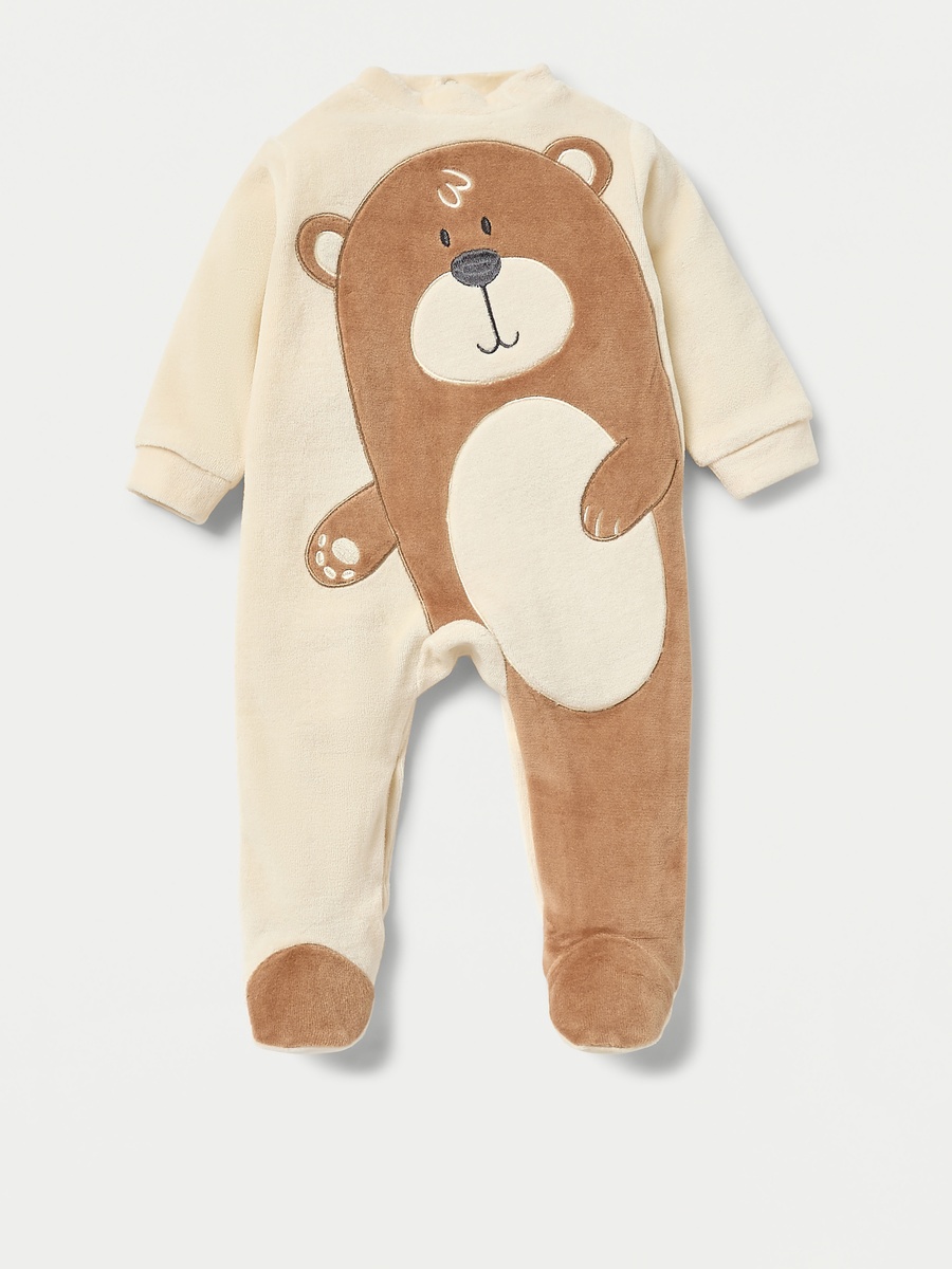 Juniors Teddy Bear Detail Velour Closed Feet Sleepsuit with Cap