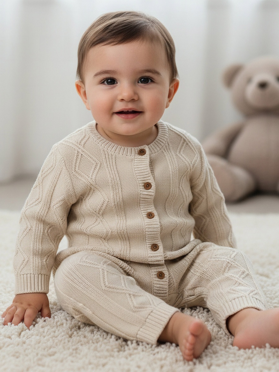 Juniors Cotton Round Neck Long Sleeves Sleepsuit with Knit Texture