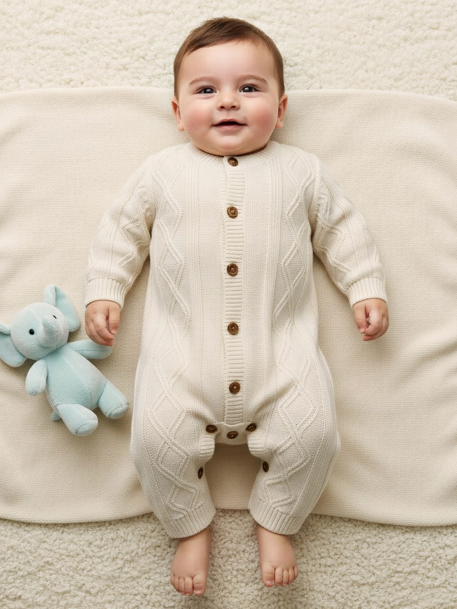 Juniors Cotton Round Neck Long Sleeves Sleepsuit with Knit Texture