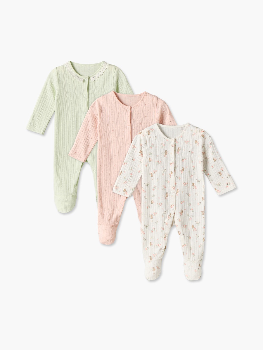 Pack of 3 Juniors Cotton Crew Neck Long Sleeves Sleepsuit with Floral Print
