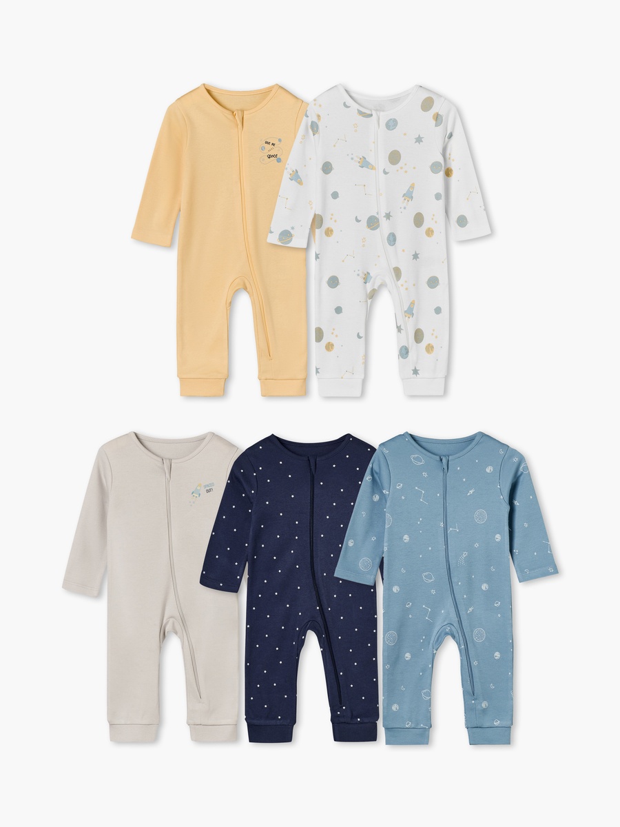 Pack of 5 Juniors Cotton Crew Neck Long Sleeves Sleepsuit with Space Print