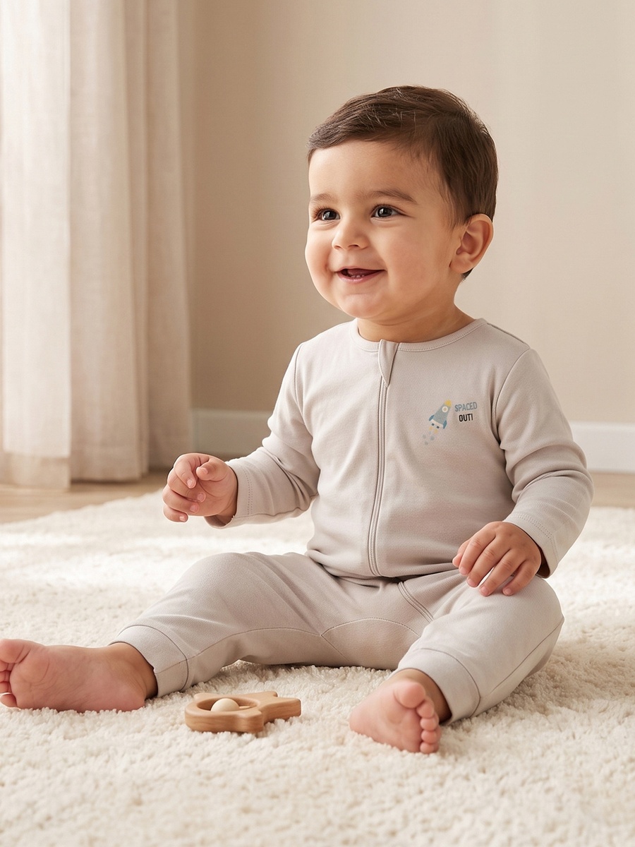 Pack of 5 Juniors Cotton Crew Neck Long Sleeves Sleepsuit with Space Print