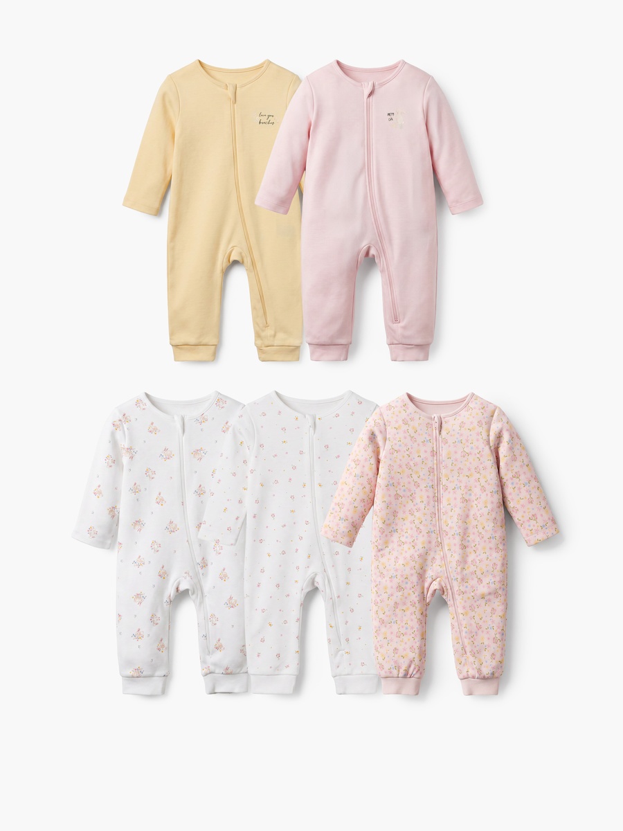 Pack of 5 Juniors Cotton Crew Neck Long Sleeves Sleepsuit with Floral Print