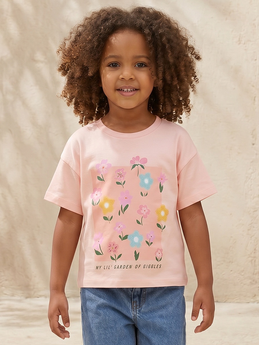 Juniors Crew Neck Short Sleeves T-shirt with Floral Print