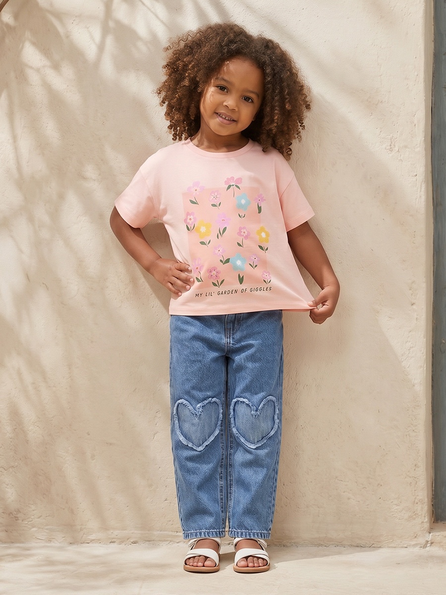 Juniors Crew Neck Short Sleeves T-shirt with Floral Print