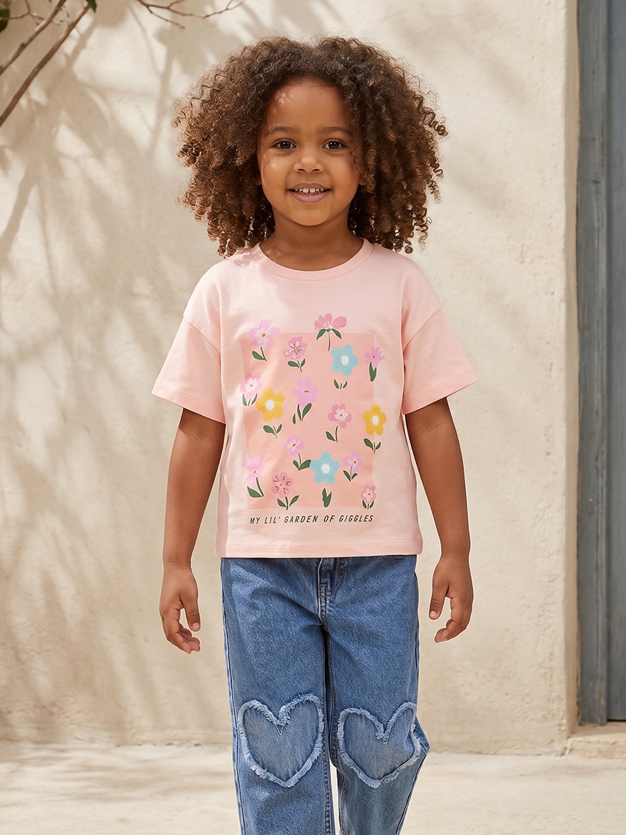 Juniors Crew Neck Short Sleeves T-shirt with Floral Print