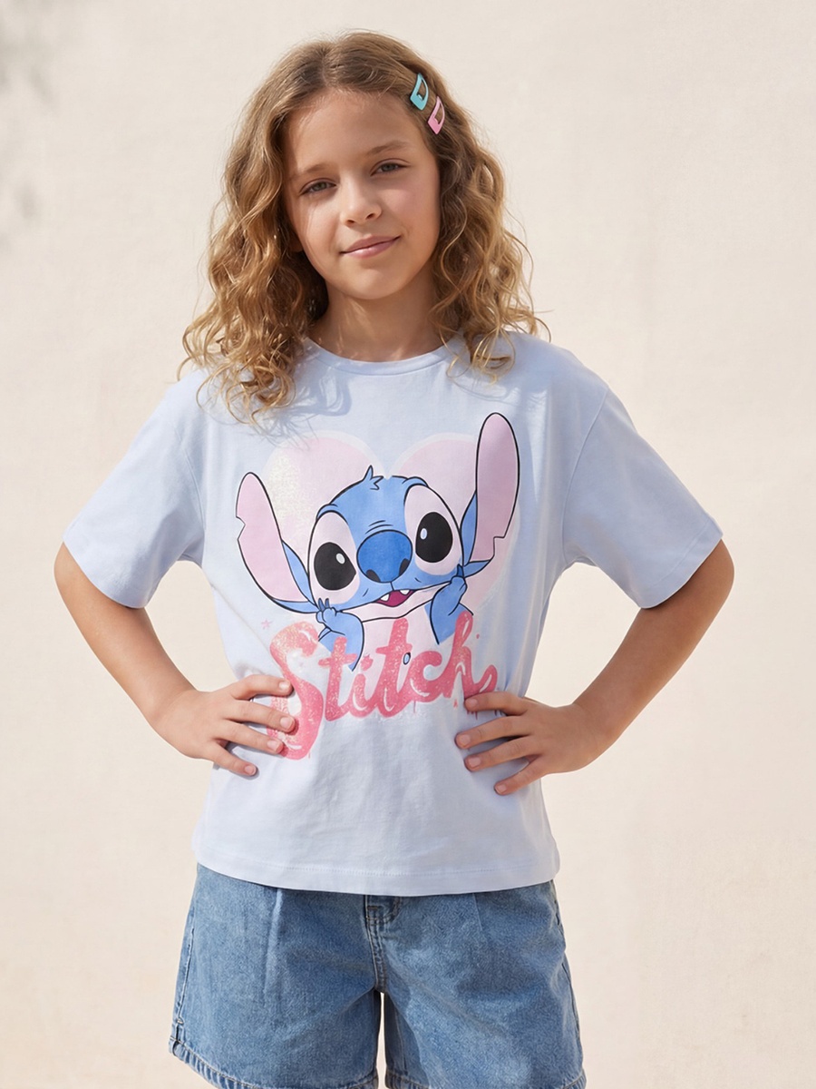 Disney Crew Neck Short Sleeves T-shirt with Stitch Print