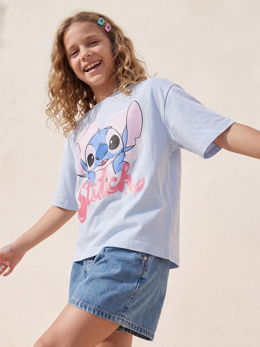 Disney Crew Neck Short Sleeves T-shirt with Stitch Print