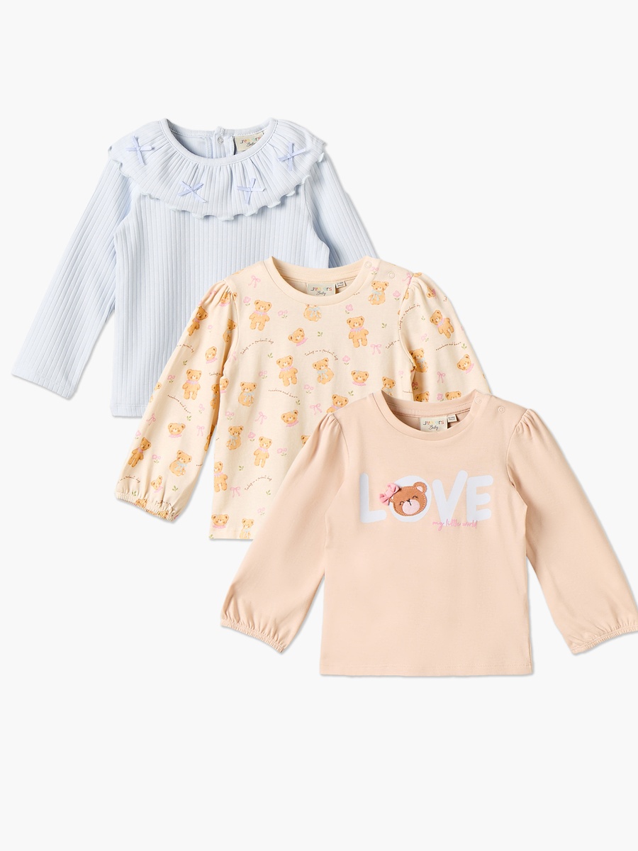 Pack of 3 Juniors Round Neck Long Sleeves T-shirt with Teddy Bear Print