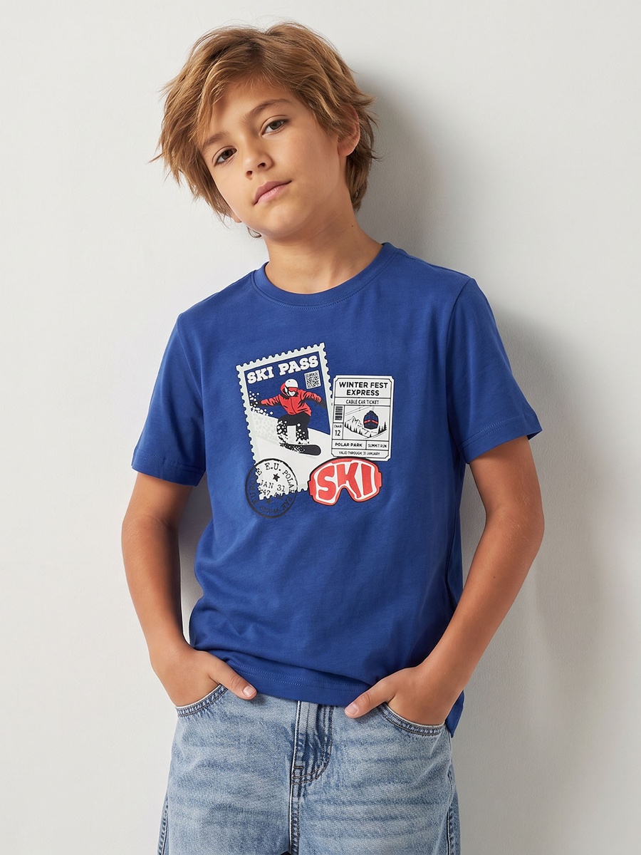 Juniors Crew Neck Short Sleeves T-shirt with Ski Print