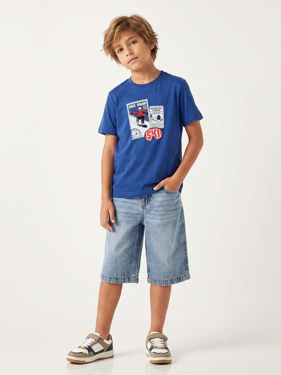 Juniors Crew Neck Short Sleeves T-shirt with Ski Print