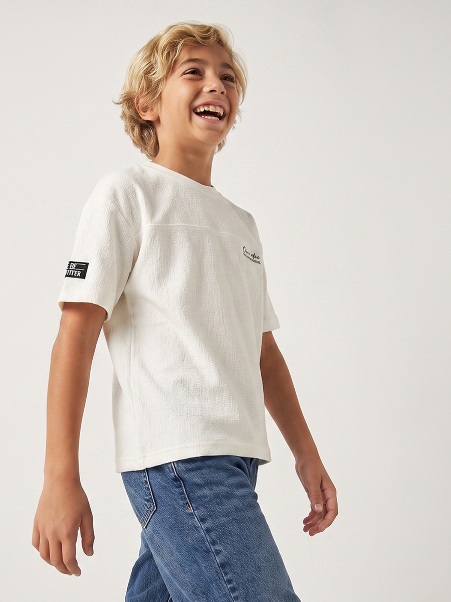 Juniors Crew Neck Drop Sleeves T-shirt with Textured