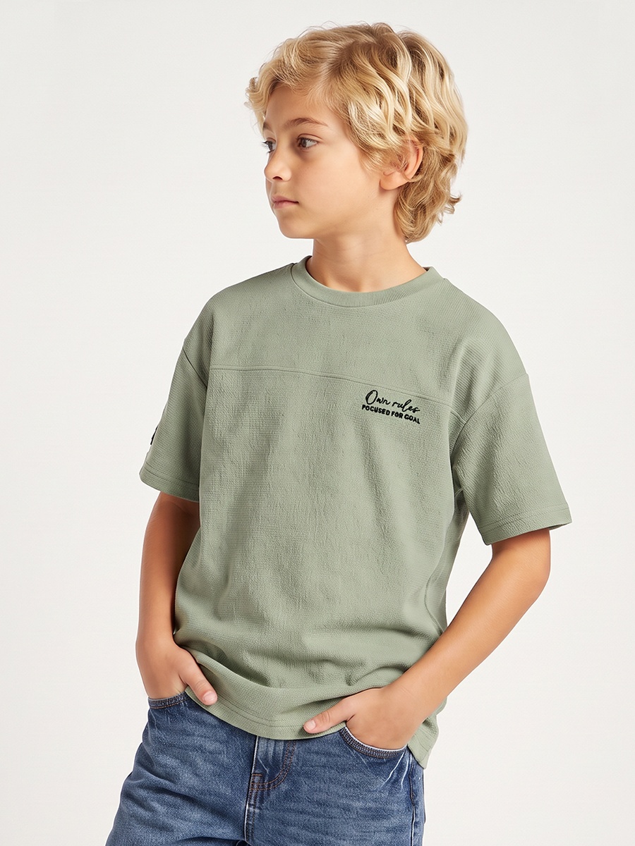 Juniors Crew Neck Drop Sleeves T-shirt with Textured