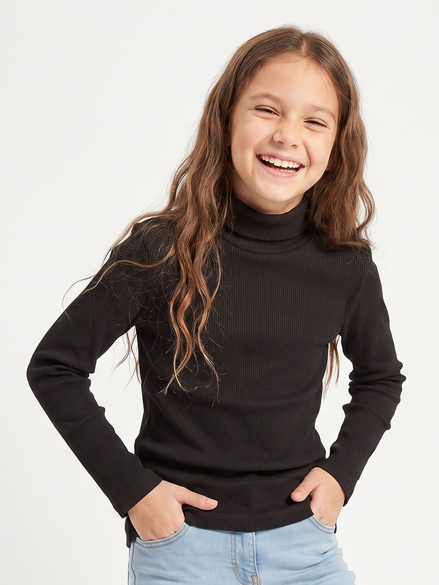 Juniors Turtleneck Long Sleeves T-shirt with Ribbed Design