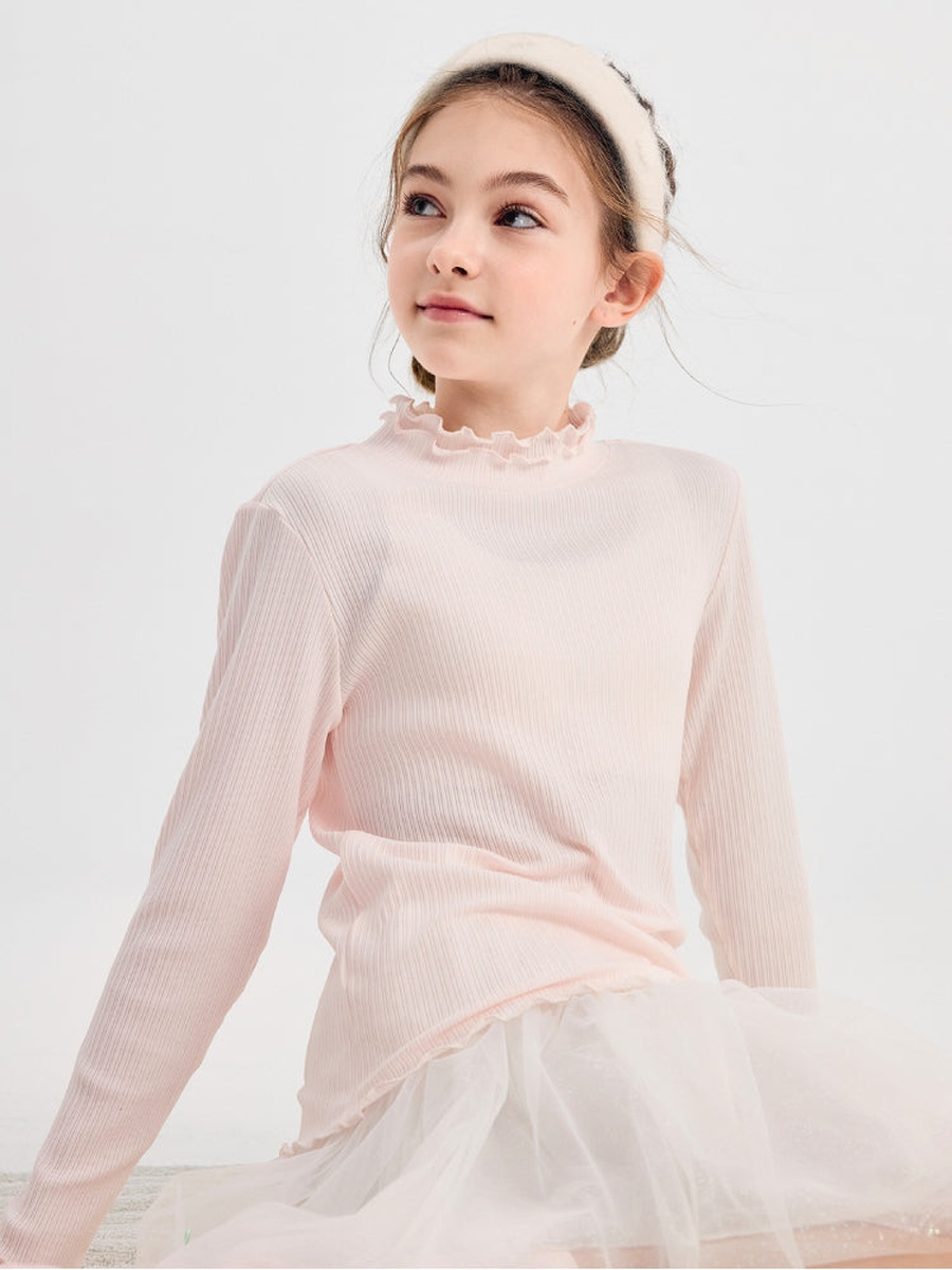 Girls Ribbed Blouse With Frill Neckline