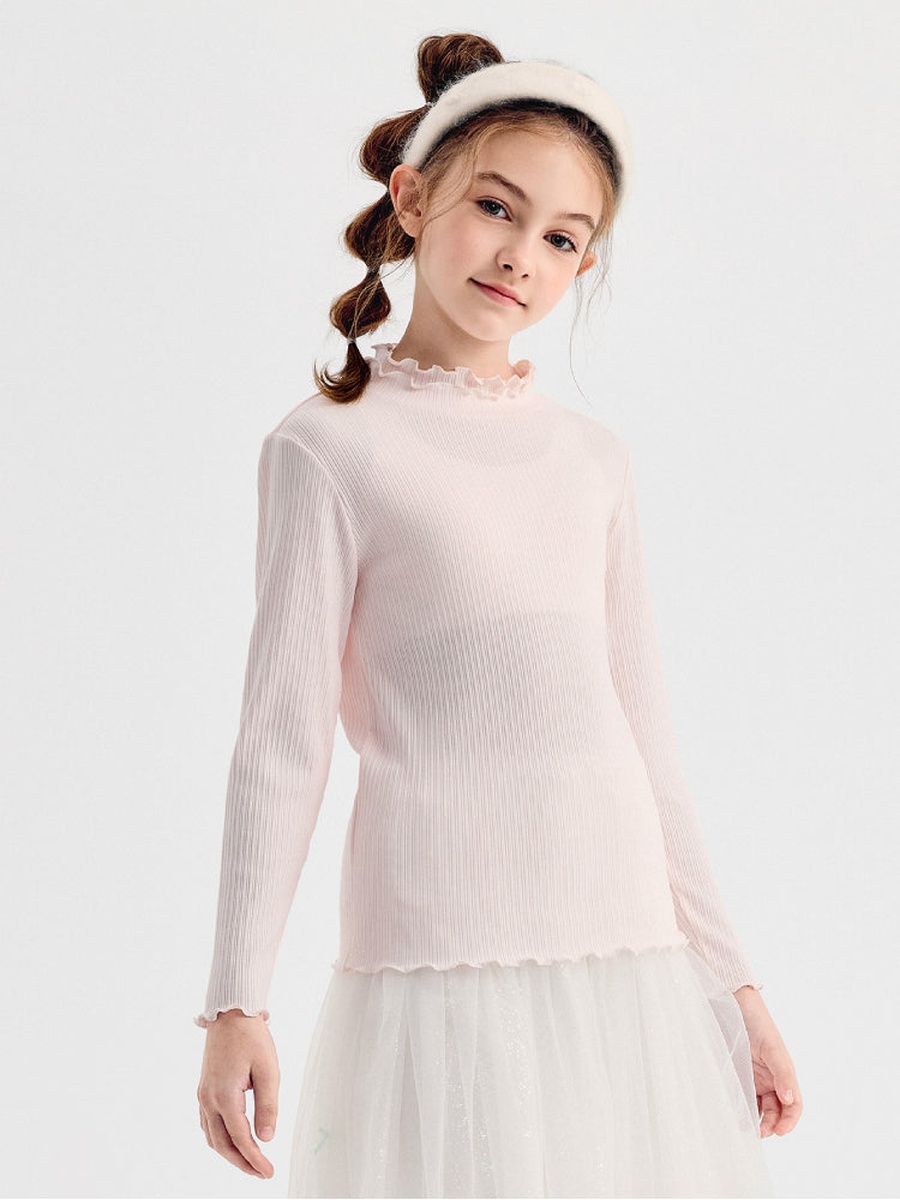 Girls Ribbed Blouse With Frill Neckline