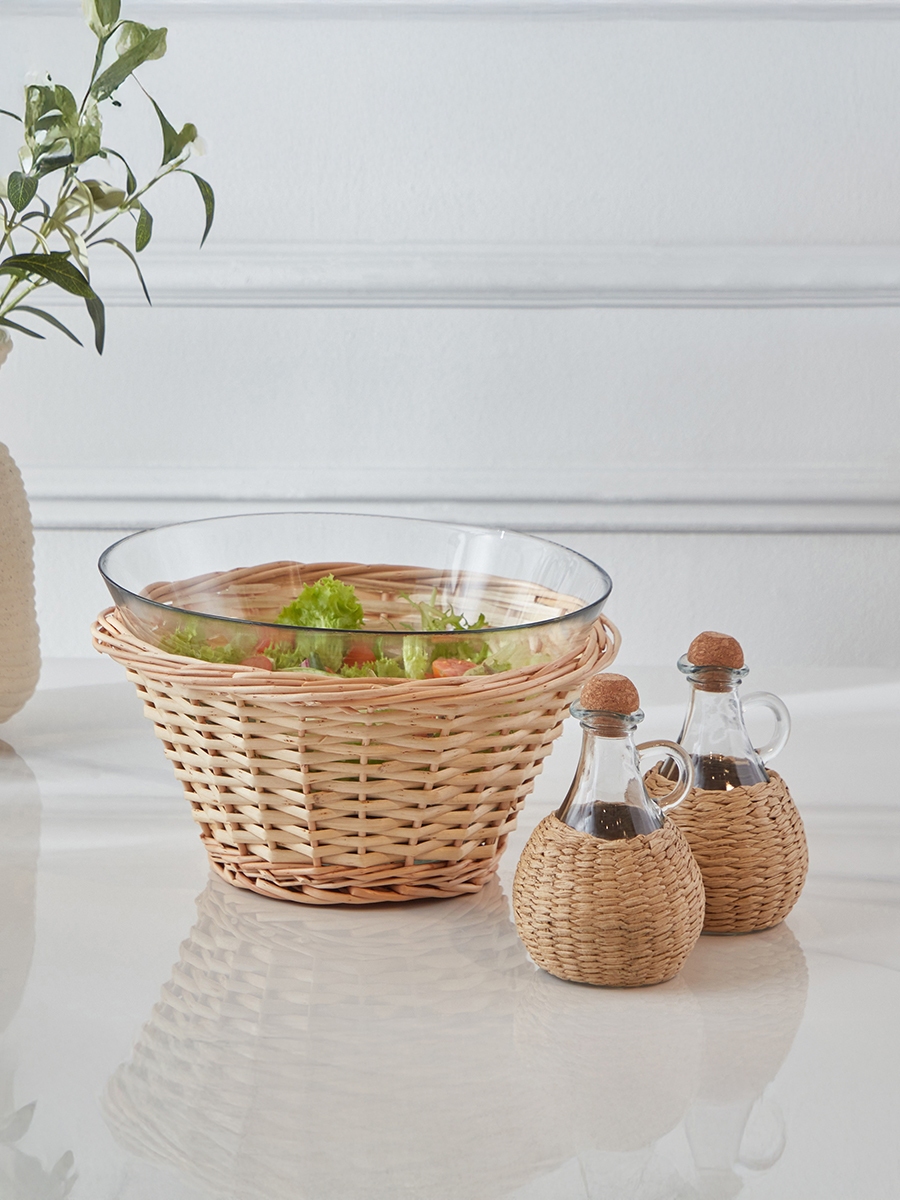 Minimalist 3-Piece Glass Serving Bowl Set with Oil Bottle