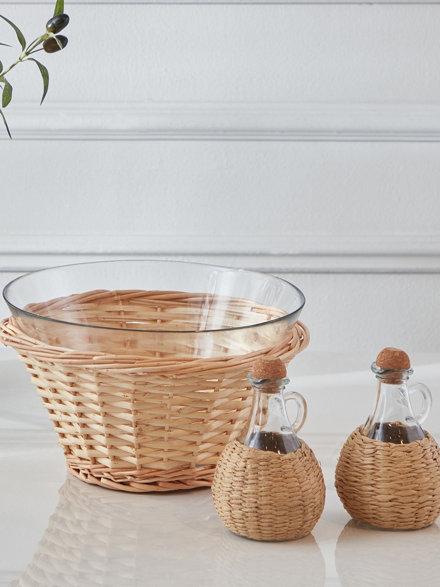 Minimalist 3-Piece Glass Serving Bowl Set with Oil Bottle
