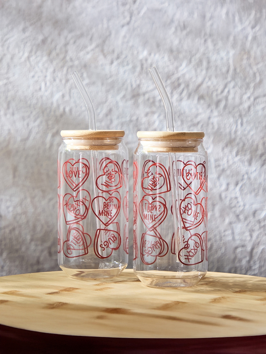 Zen Borosilicate 2-Piece Valentine Mason Jar with Straw Set - 450 ml