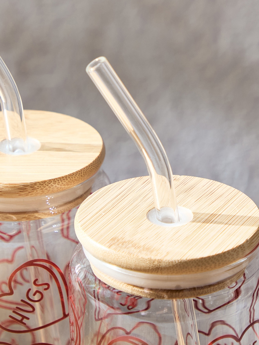 Zen Borosilicate 2-Piece Valentine Mason Jar with Straw Set - 450 ml