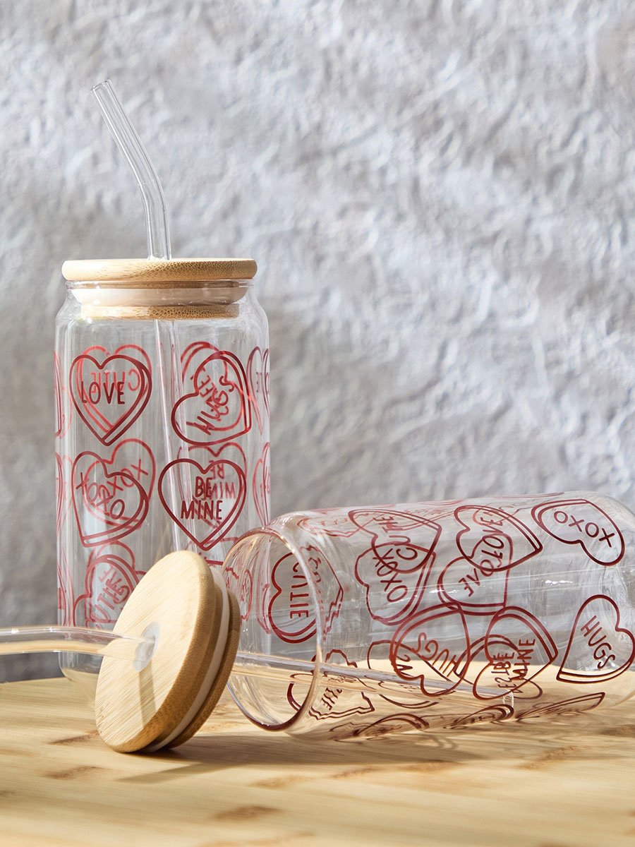 Zen Borosilicate 2-Piece Valentine Mason Jar with Straw Set - 450 ml