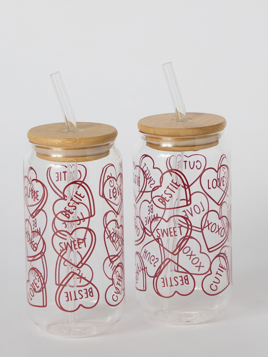 Zen Borosilicate 2-Piece Valentine Mason Jar with Straw Set - 450 ml