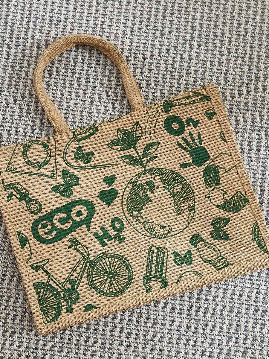 Illustrated Bridge Jute Shopping Bag - 38x15x46 cm
