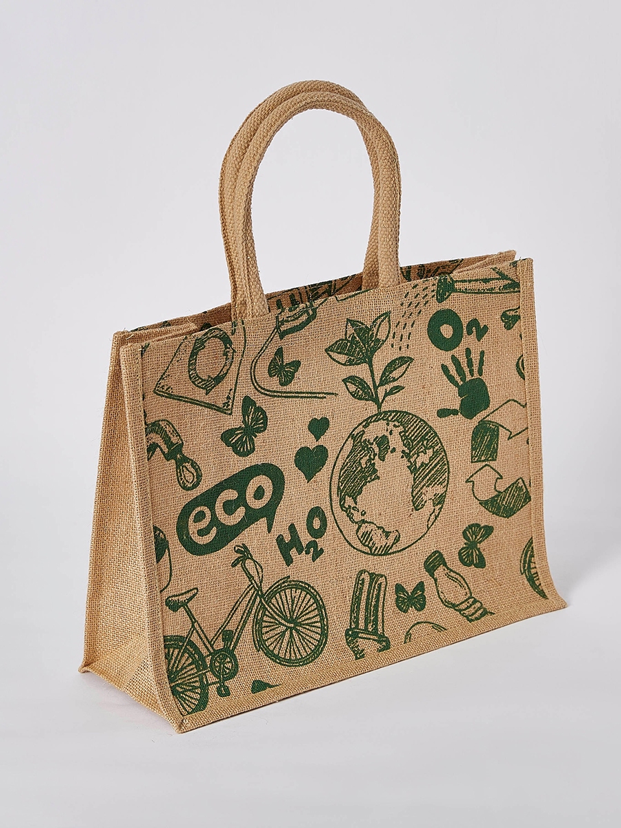 Illustrated Bridge Jute Shopping Bag - 38x15x46 cm