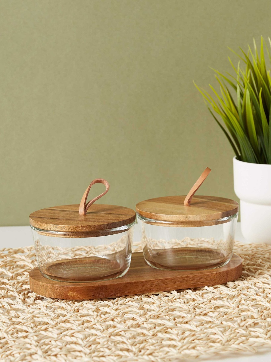 Round 2-Piece Glass Jar Set with Wooden Tray