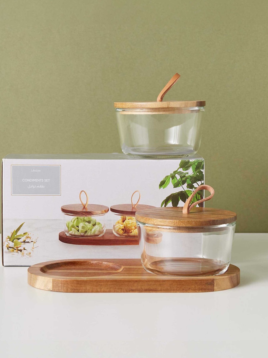 Round 2-Piece Glass Jar Set with Wooden Tray