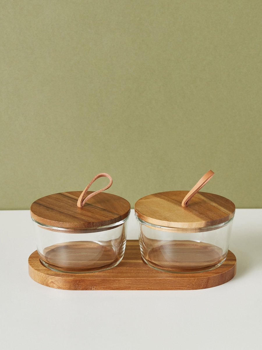 Round 2-Piece Glass Jar Set with Wooden Tray